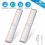 Under Cabinet Lighting, MOICO 20 LED Wireless Motion Sensor Closet Lights Rechargeable 3 Color Modes Magnetic Stick On Lights Bar for Counter, Wardrobe, Kitchen, Hallway, Stairs, 2 Pack