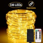 ALOVECO LED Rope String Lights Outdoor, 72ft 336 LEDs Rope Lights 24V Plug in Rope Lighting Extendable Remote Dimmable 8 Modes Waterproof ETL Listed for Tree Patio Garden Fence Roof, Warm White