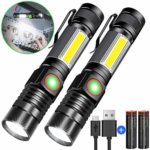 Rechargeable Flashlight, Magnetic Flashlight（included Battery), Super Bright Pocket-Sized COB Work Light T6 LED Torch with Clip, Zoomable, Water Resistant, 4 Modes for Camping Hiking 2 Pack