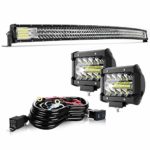 TURBO SII 52″ Curved LED Light Bar Triple Row 711W Flood Spot Combo Beam Led Bar W/ 2Pcs 4in 60W Off Road Driving Fog Lights with Wiring Harness-3 Leads for Jeep Trucks Polaris ATV Boats Lighting