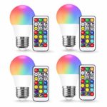 JandCase A15 3W Color Changing LED Bulbs, RGB+Warm+Daylight White(17 Color Choices), Timing by Remote Control, Christmas Party Decor, Dimmable Table Floor Light Lamp, Ceiling Fan, E26 Base, 4 Pack