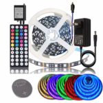 BIHRTC DC 12V LED Strip Lights SMD 5050 RGB 16.4Ft(5M) Not Waterproof IP20 Black PCB Board Lighting 60leds/m 44 Keys IR Remote Controller 3A UL Power Adapter for Xmas Party Bedroom Indoor Decoration